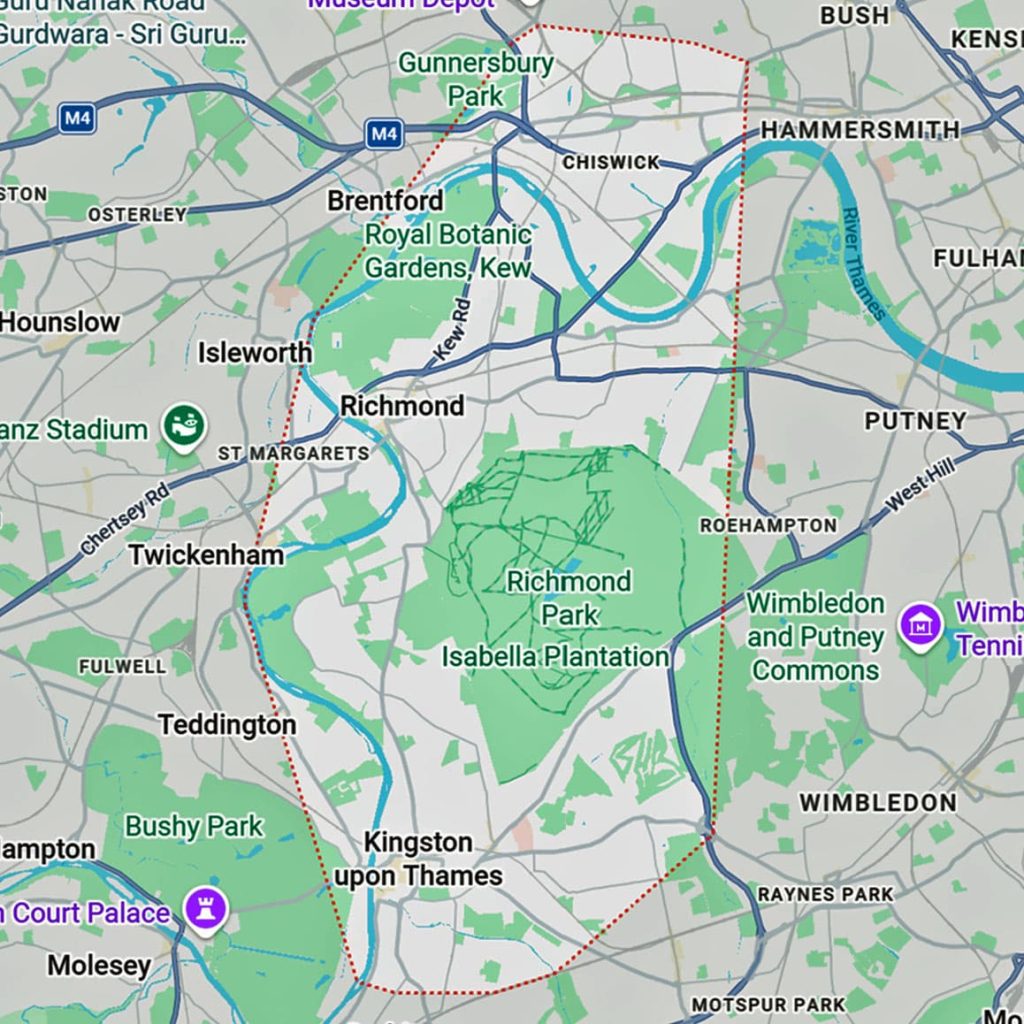 South West London map covering Chiswick, Ham, Kew, Kingston upon Thames, Petersham and Richmond upon Thames